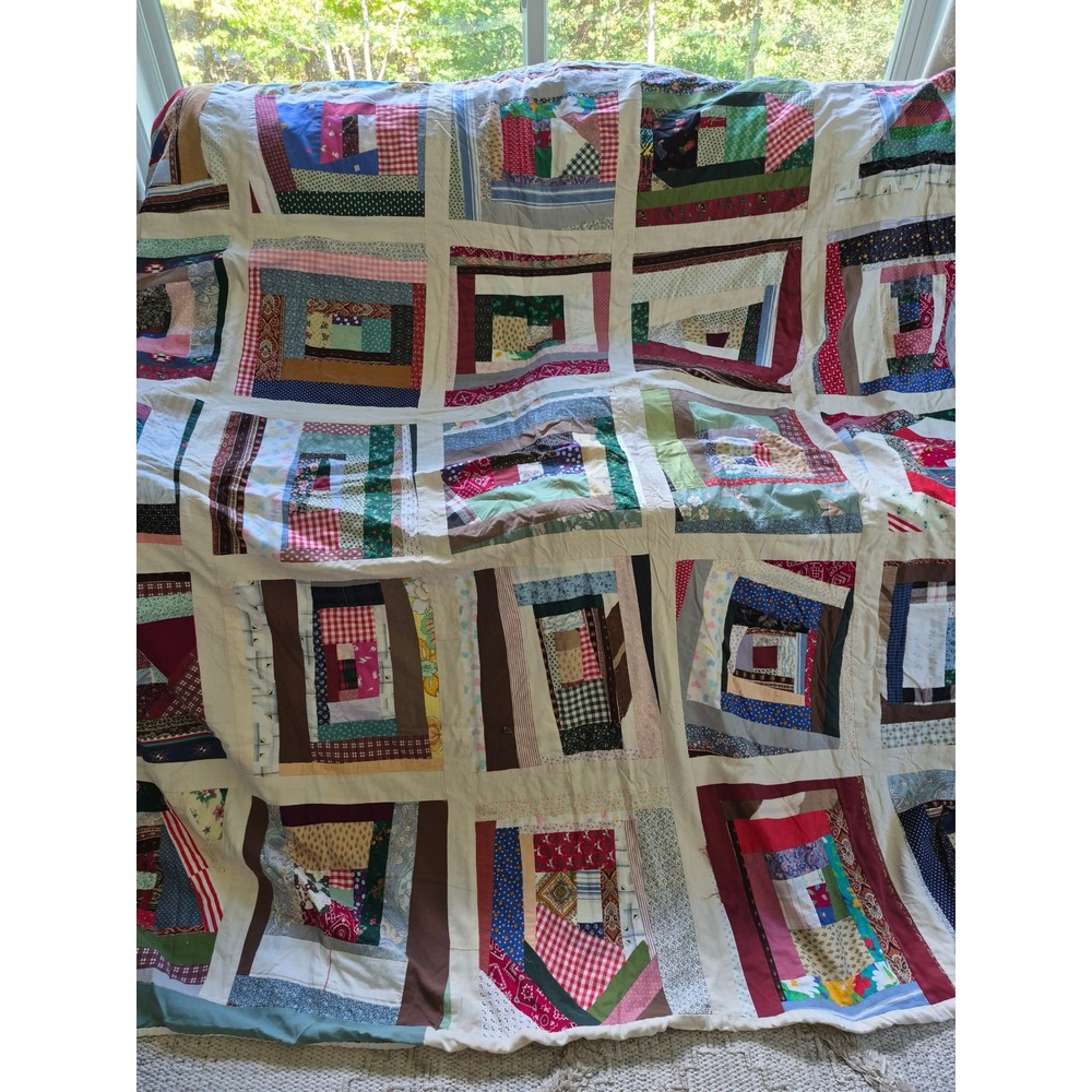 Handmade Log Cabin Patchwork Quilt Folk Art Cabin Blanket Tattered Worn 84X87